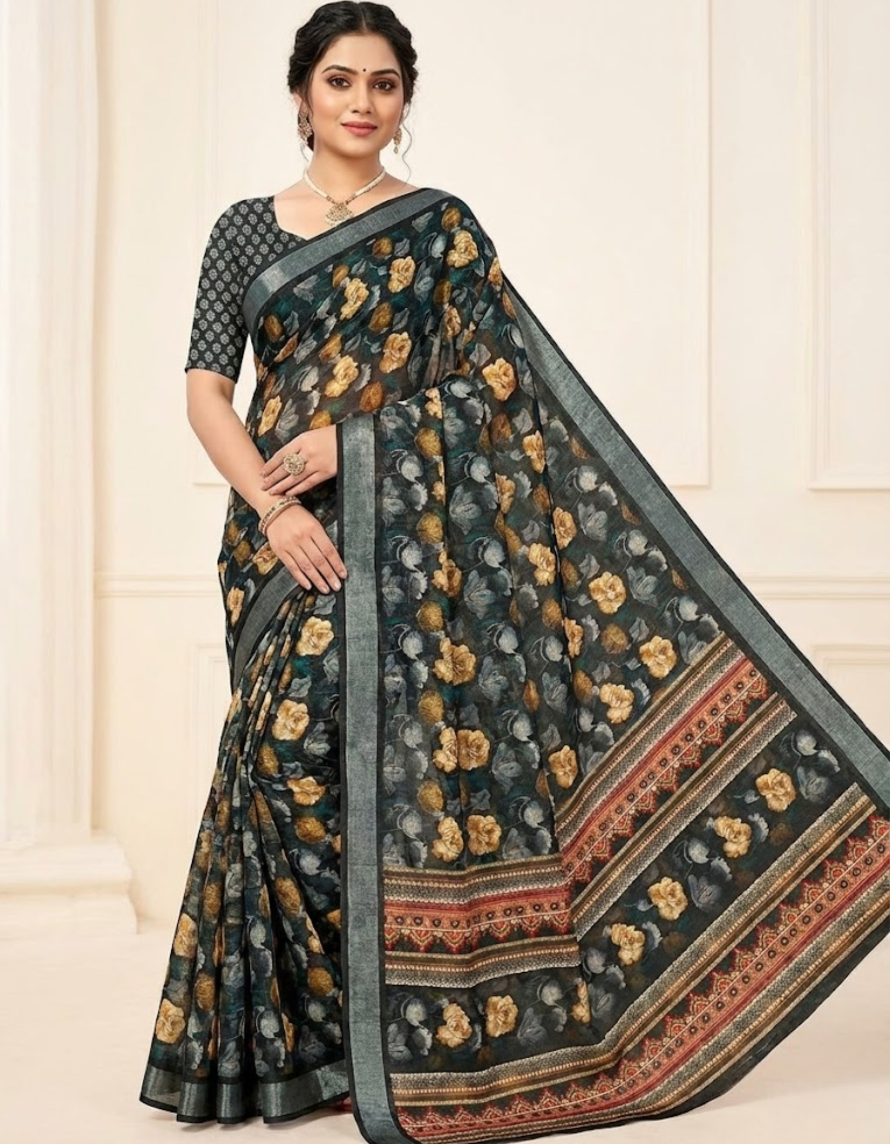 Linen Cotton Saree with Floral Digital Prints