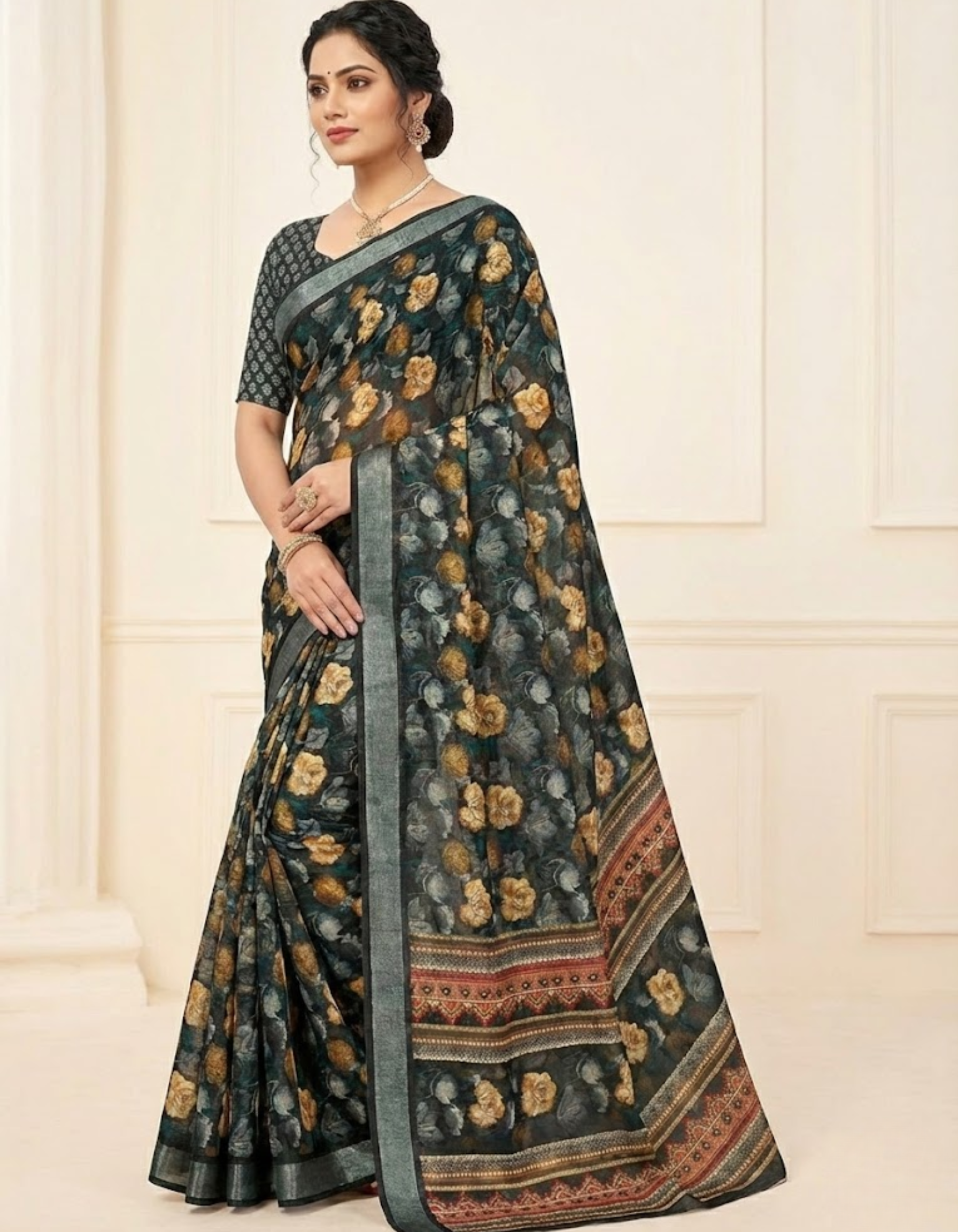Linen Cotton Saree with Floral Digital Prints
