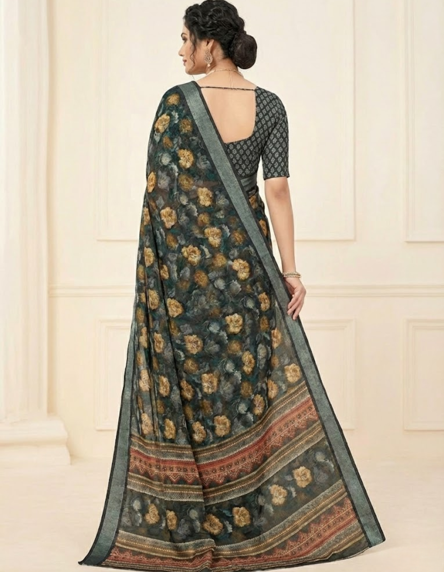 Linen Cotton Saree with Floral Digital Prints