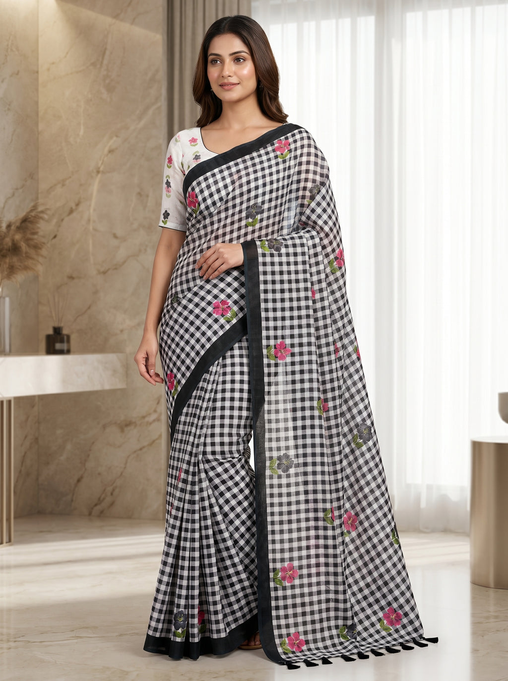 Elira Linen Cotton Saree – Midnight Checks Bloom