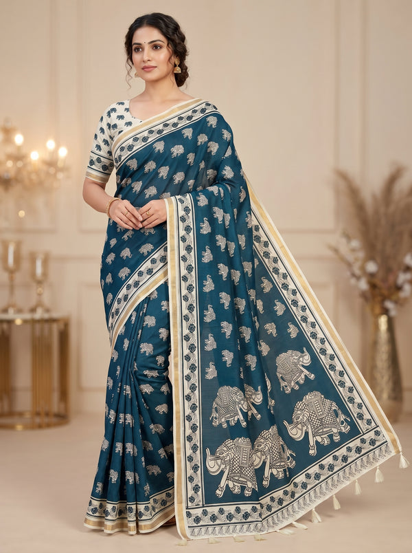 Zariya Cotton Blend Saree – Midnight Indigo