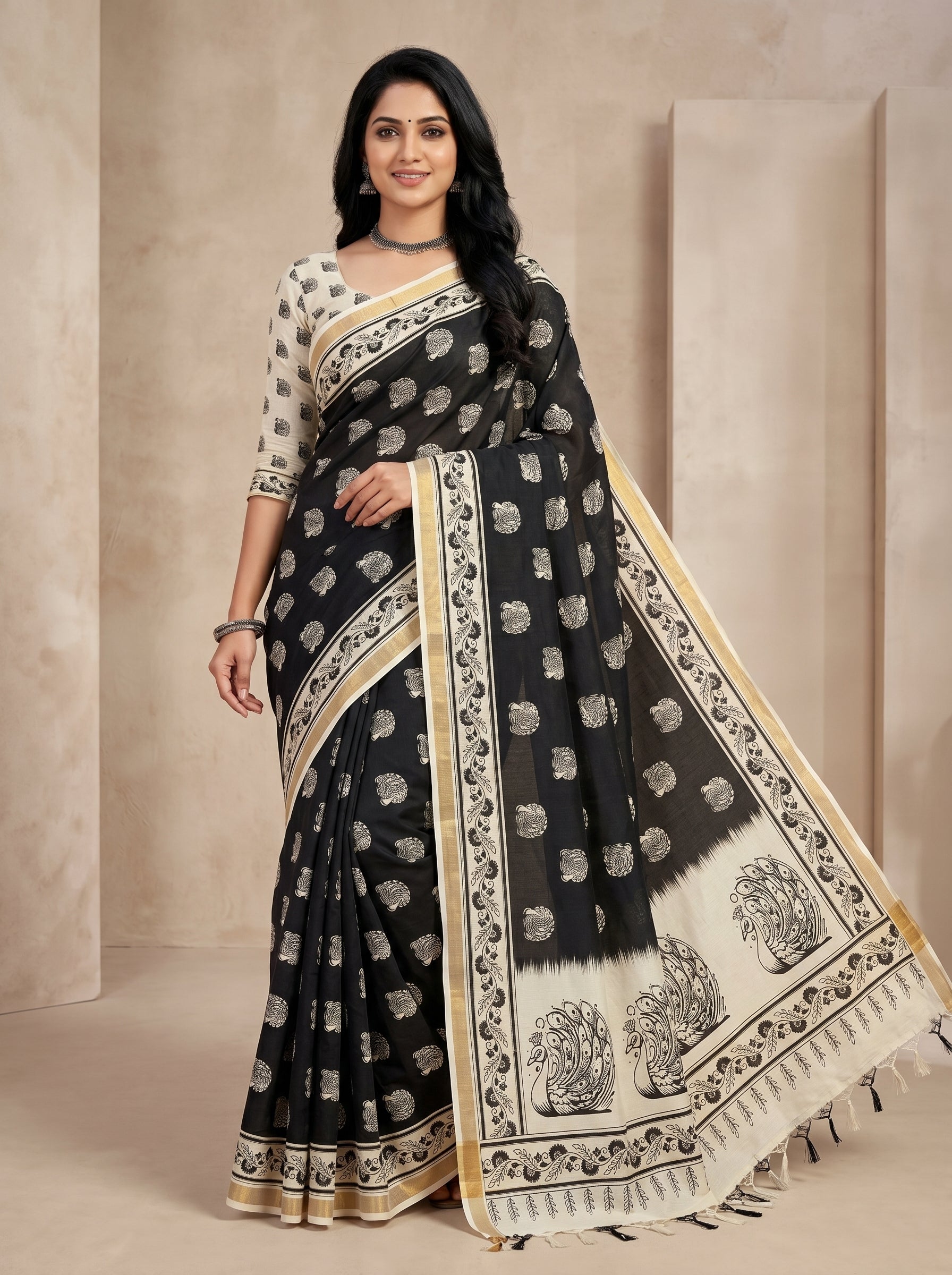 Zariya Cotton Blend Saree – Midnight Black