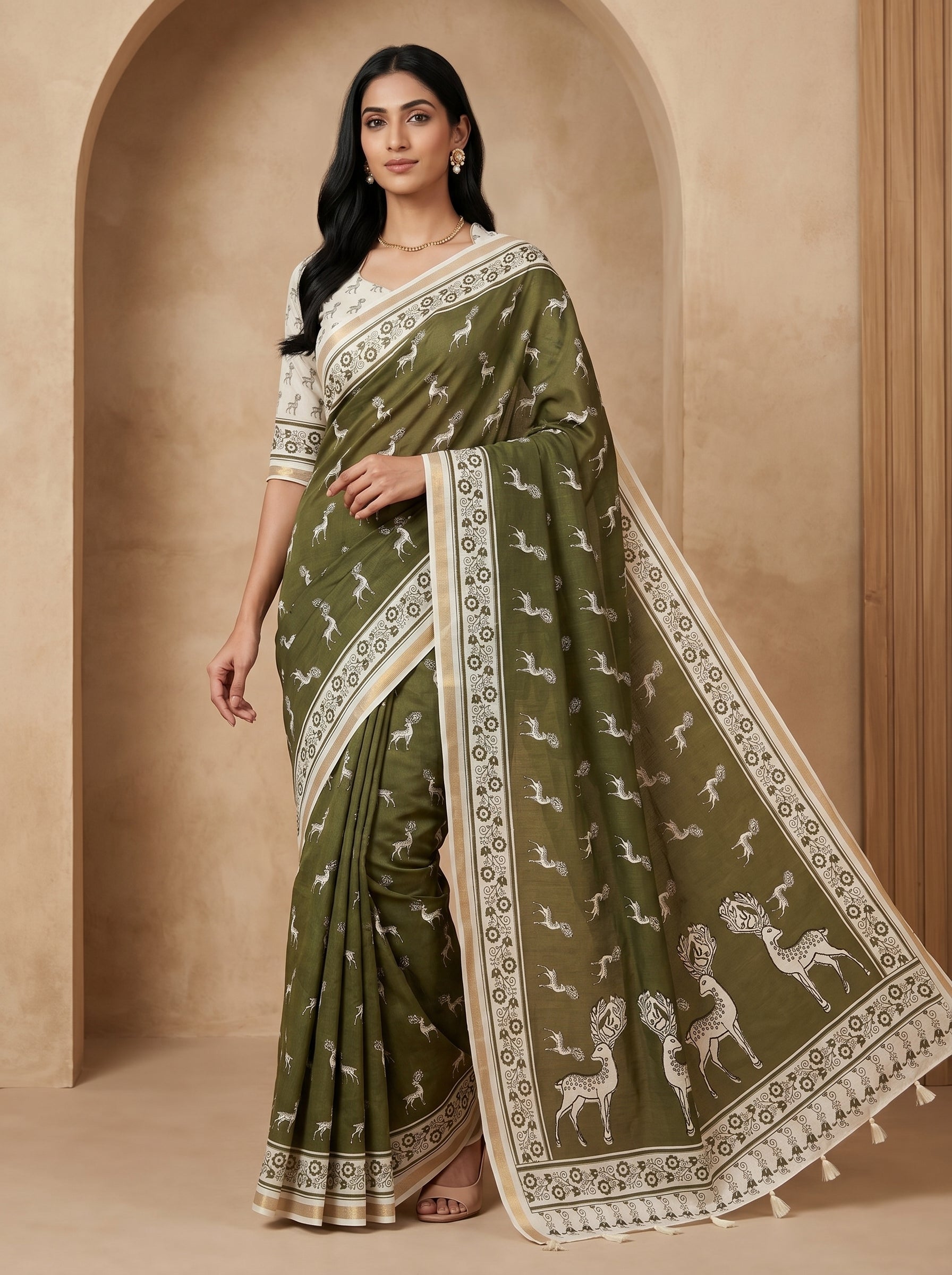 Zariya Cotton Blend Saree – Olive Mist