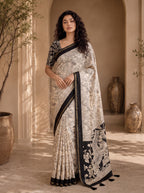 Kalava Art Silk Saree – Cream Black Floral Peacock Pen Kalamkari Digital Print