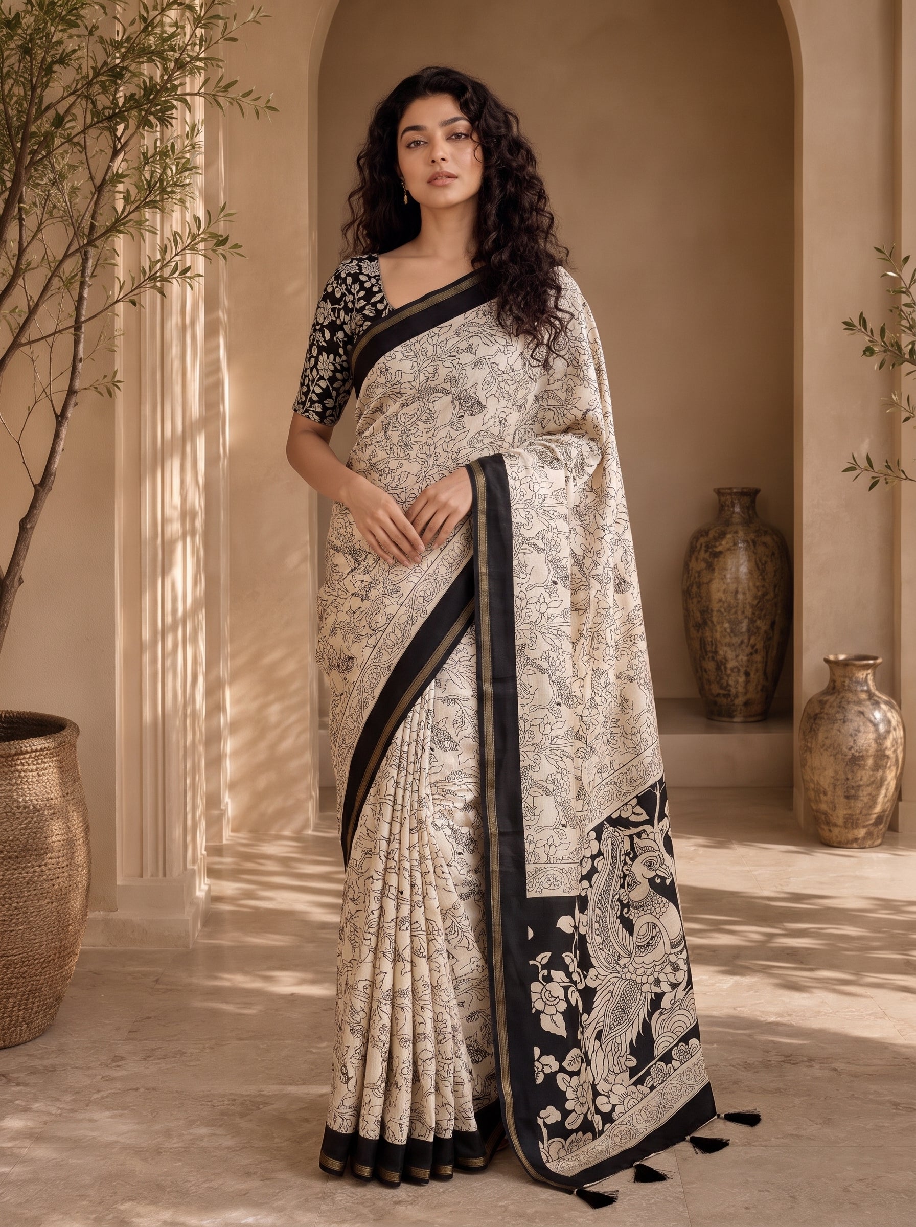 Kalava Art Silk Saree – Cream Black Floral Peacock Pen Kalamkari Digital Print