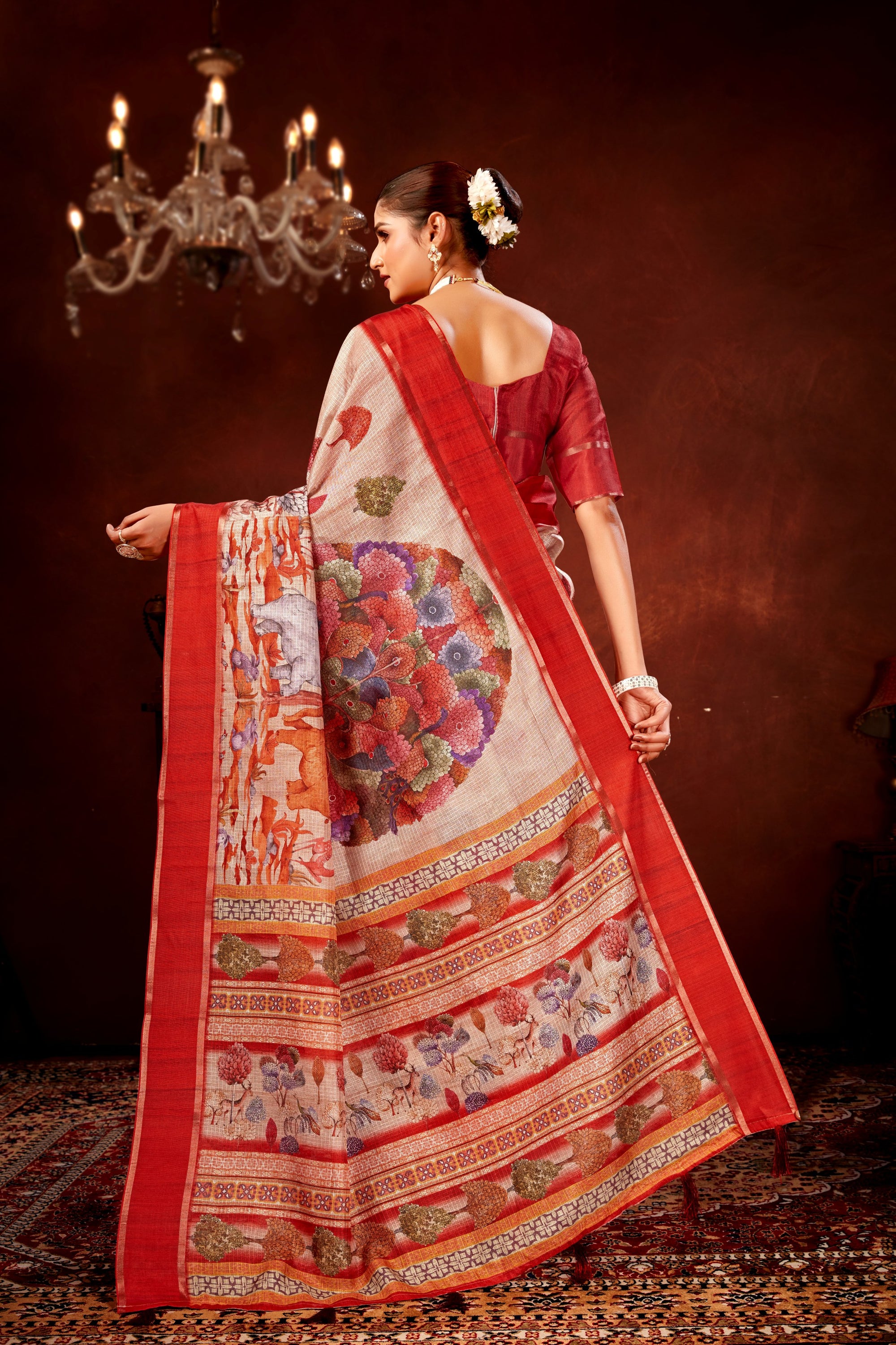 Cream Soft Kota Doriya Saree with Satin Border & Kalamkari Digital Prints