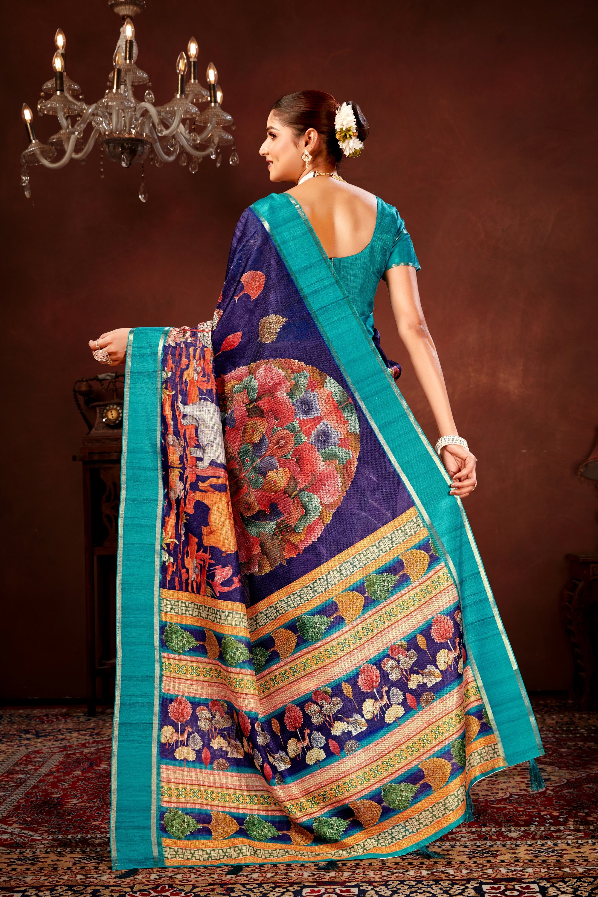 Navy Blue Soft Kota Doriya Saree with Satin Border & Kalamkari Digital Prints