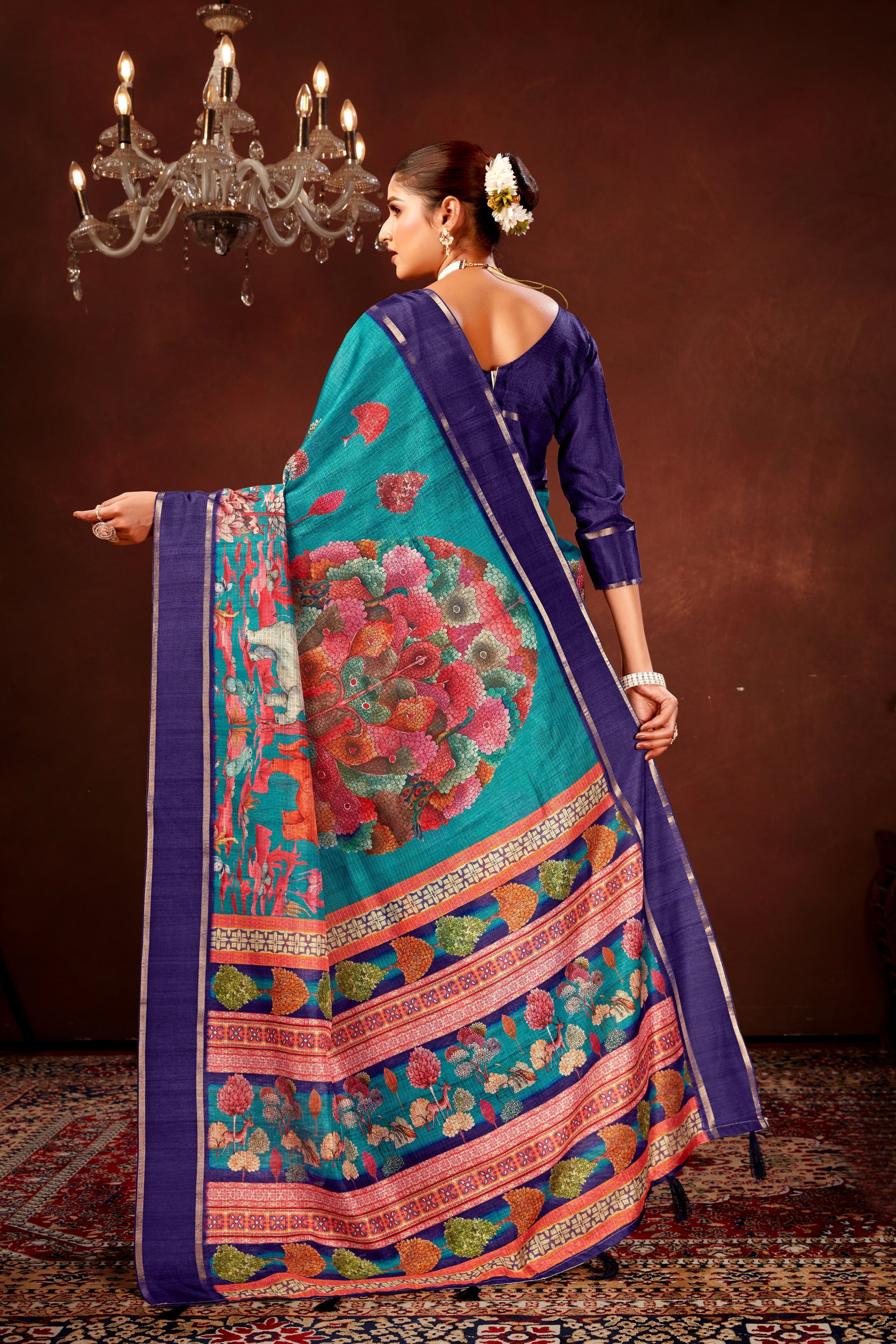 Teal Blue Soft Kota Doriya Saree with Satin Border & Kalamkari Digital Prints