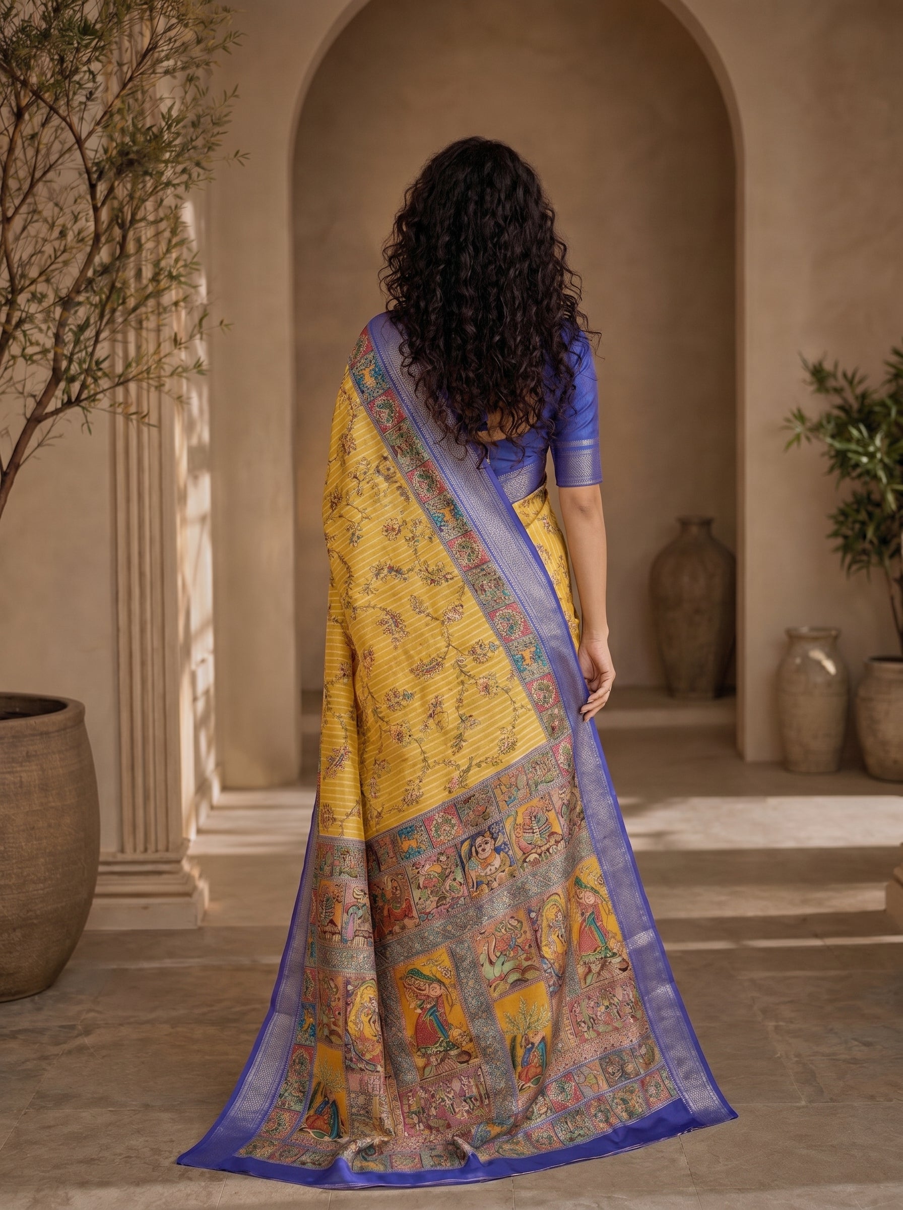 Varnesha Tussar Silk Saree – Mustard Heritage Digital Print