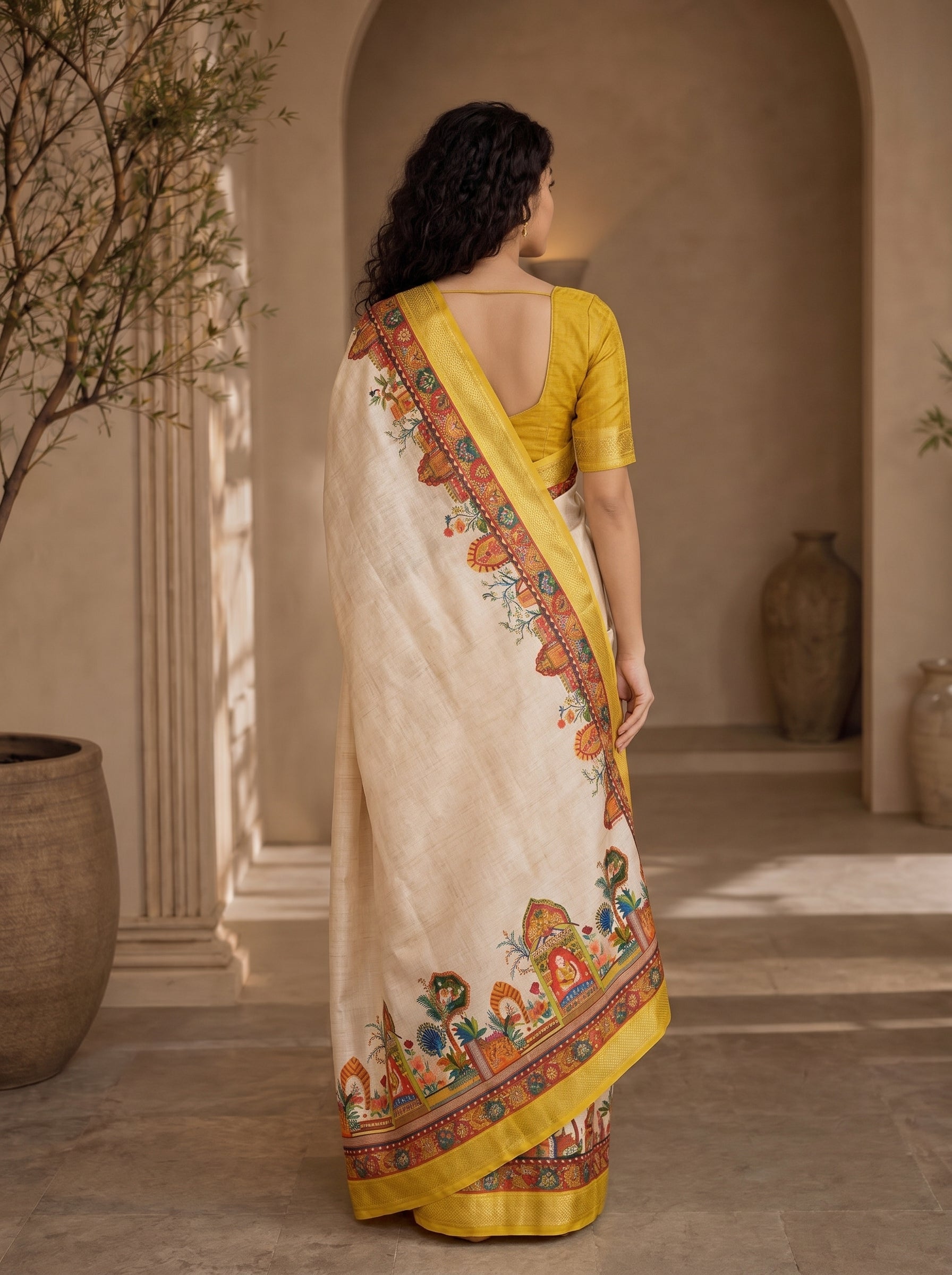 Varnesha Tussar Silk Saree – Cream Yellow Heritage Digital Print