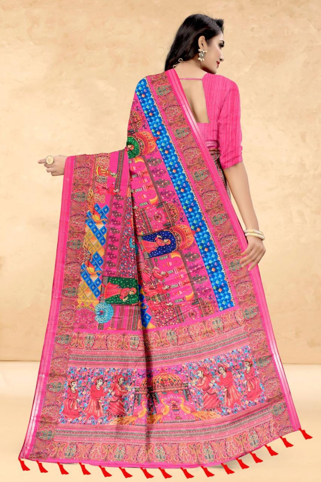 Hot Pink Soft Tussar Silk Saree with Position Pashmina Digital Prints