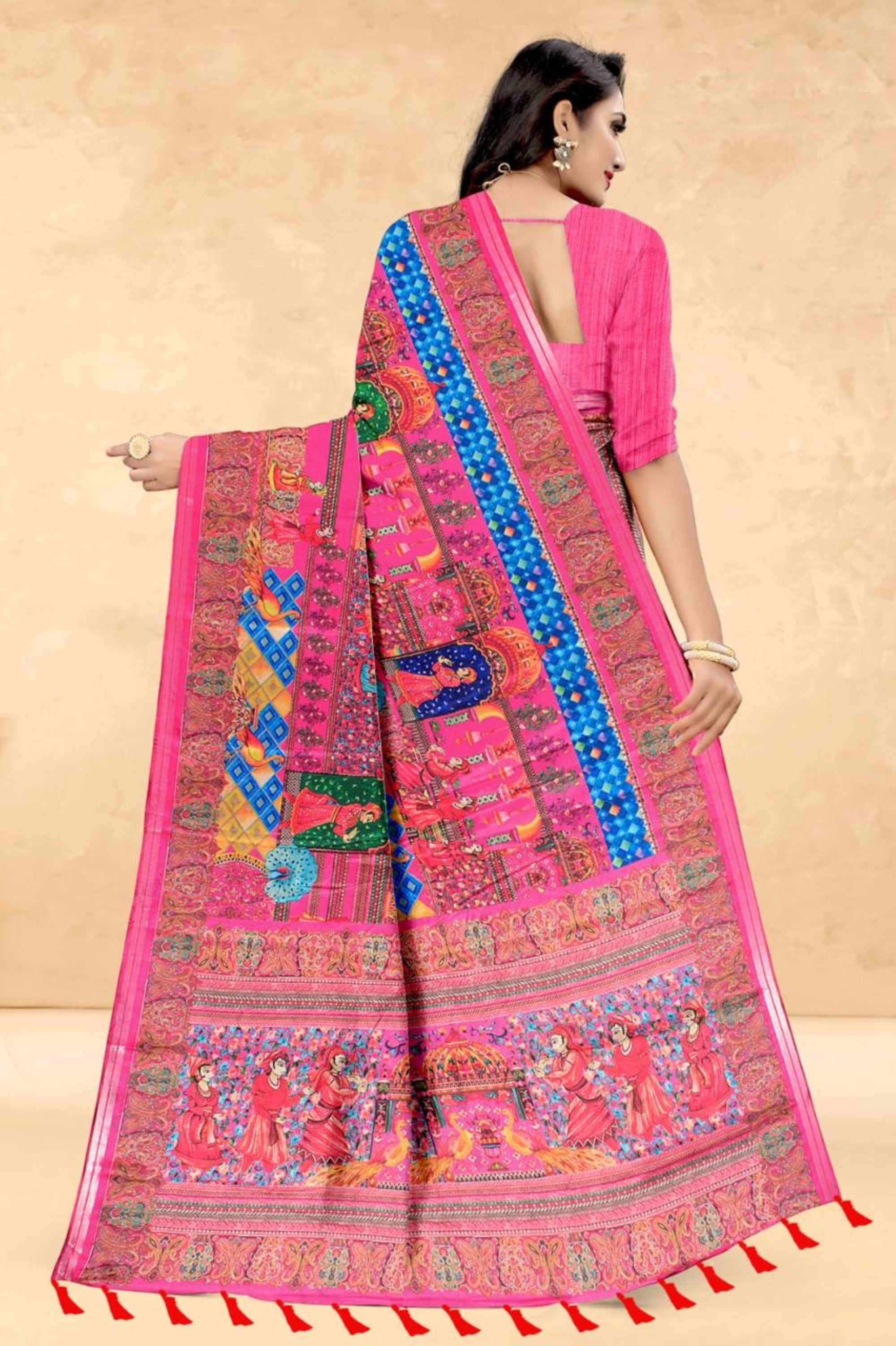 Hot Pink Soft Tussar Silk Saree with Position Pashmina Digital Prints