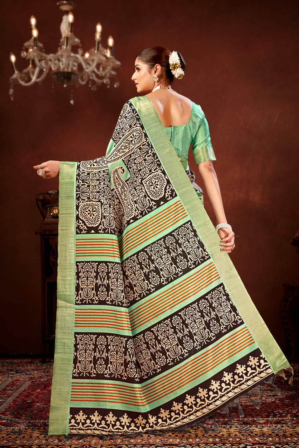 Pista Green Soft Tussar Silk Saree with Zari Border & Traditional Digital Prints