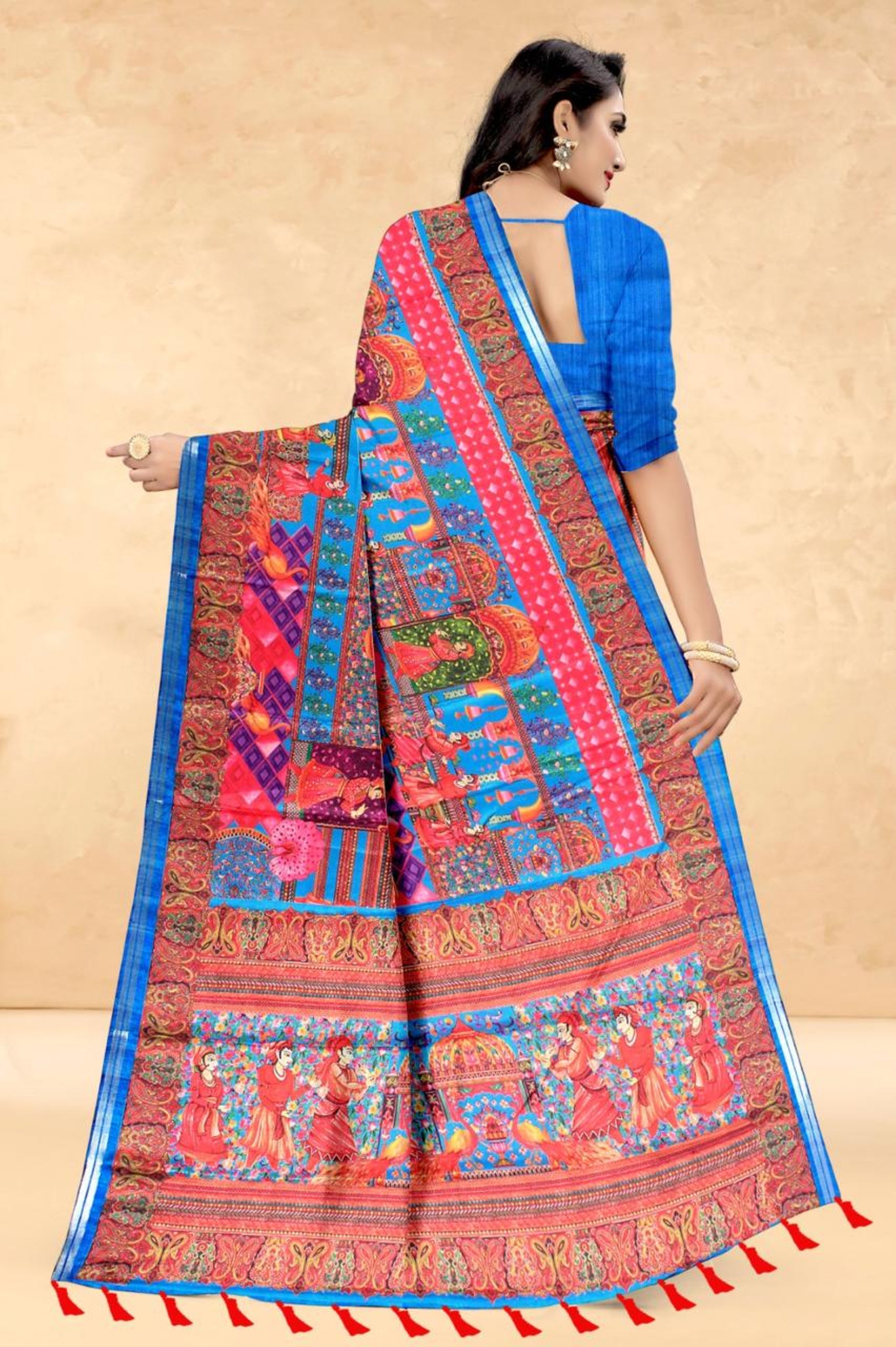 Blue Soft Tussar Silk Saree with Position Pashmina Digital Prints