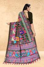 Black Soft Tussar Silk Saree with Position Pashmina Digital Prints
