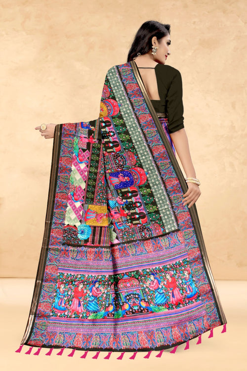 Black Soft Tussar Silk Saree with Position Pashmina Digital Prints