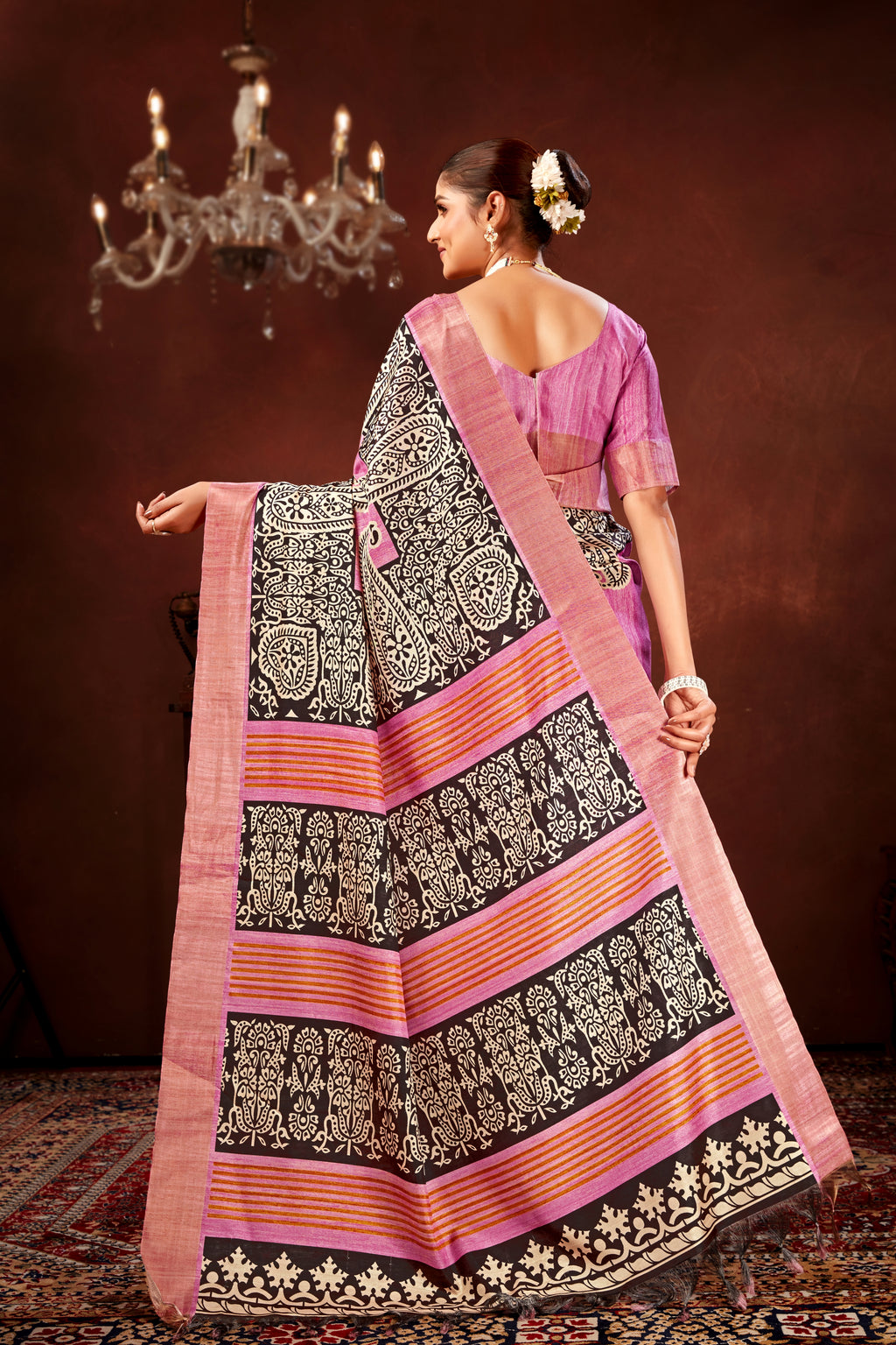 Onion Soft Tussar Silk Saree with Zari Border & Traditional Digital Prints