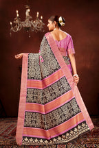 Onion Soft Tussar Silk Saree with Zari Border & Traditional Digital Prints