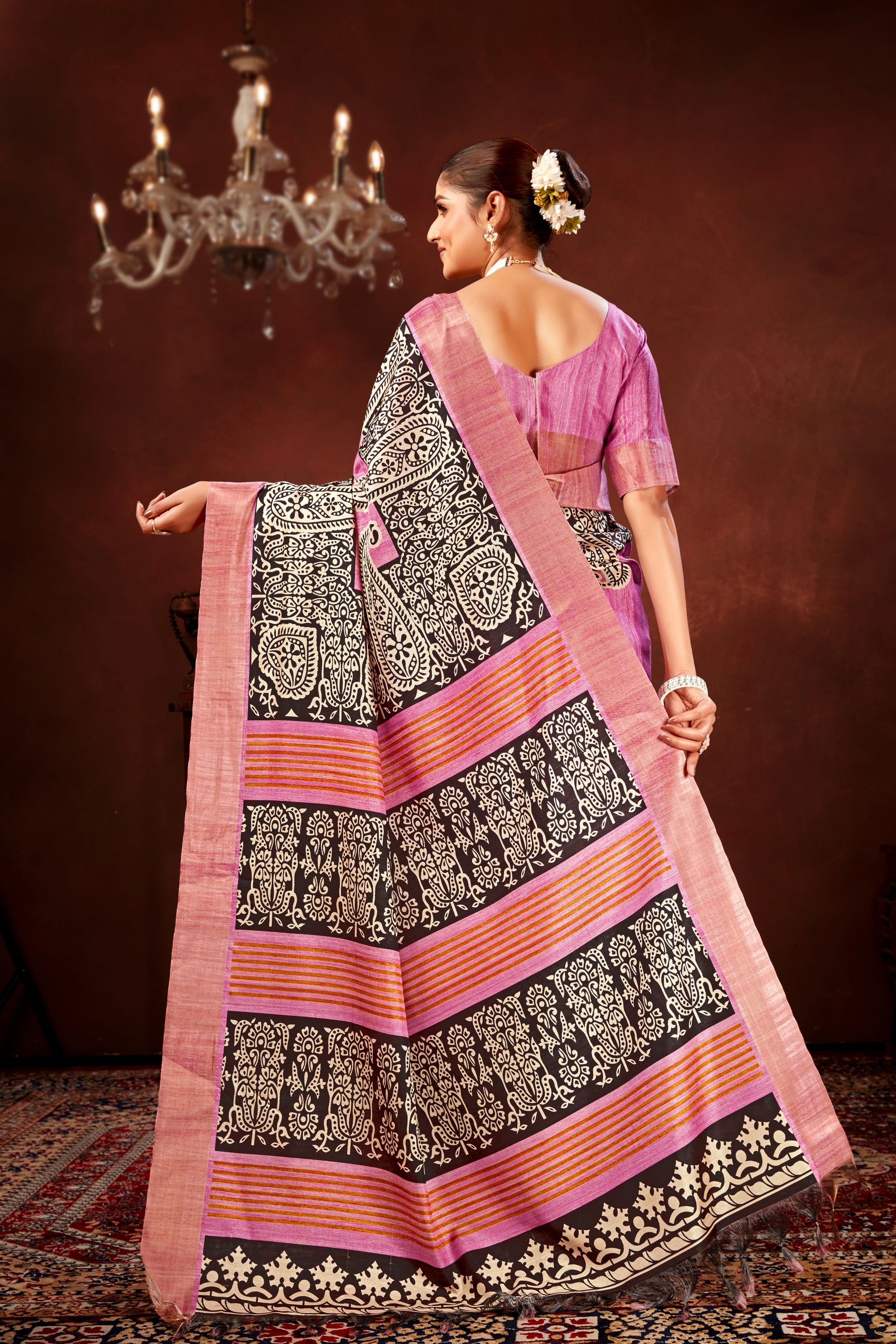 Onion Soft Tussar Silk Saree with Zari Border & Traditional Digital Prints
