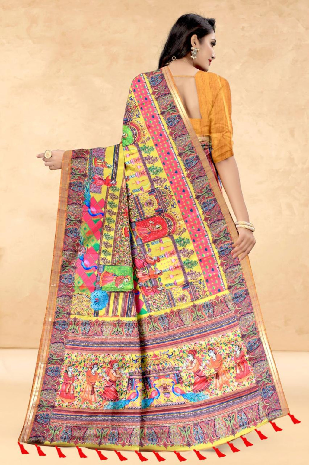 Mustard Soft Tussar Silk Saree with Position Pashmina Digital Prints