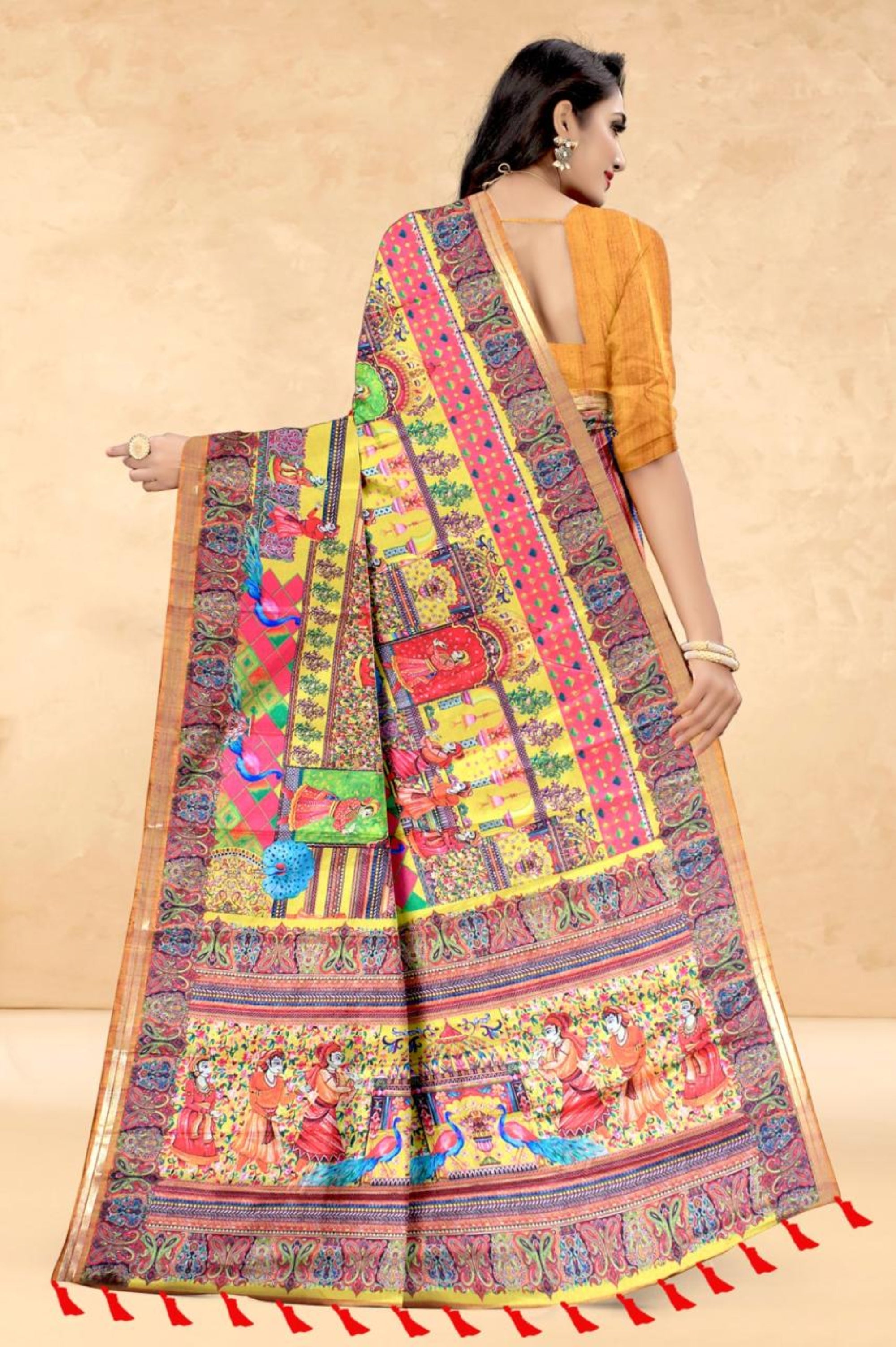Mustard Soft Tussar Silk Saree with Position Pashmina Digital Prints