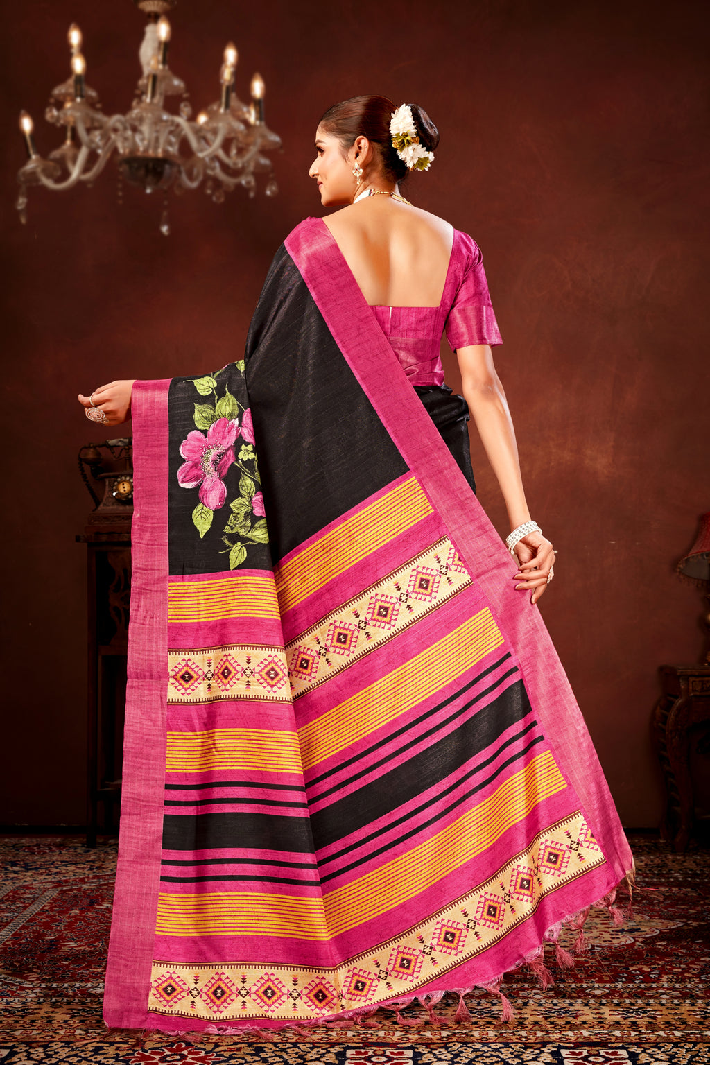 Pink Soft Tussar Silk Saree with Floral Digital Prints