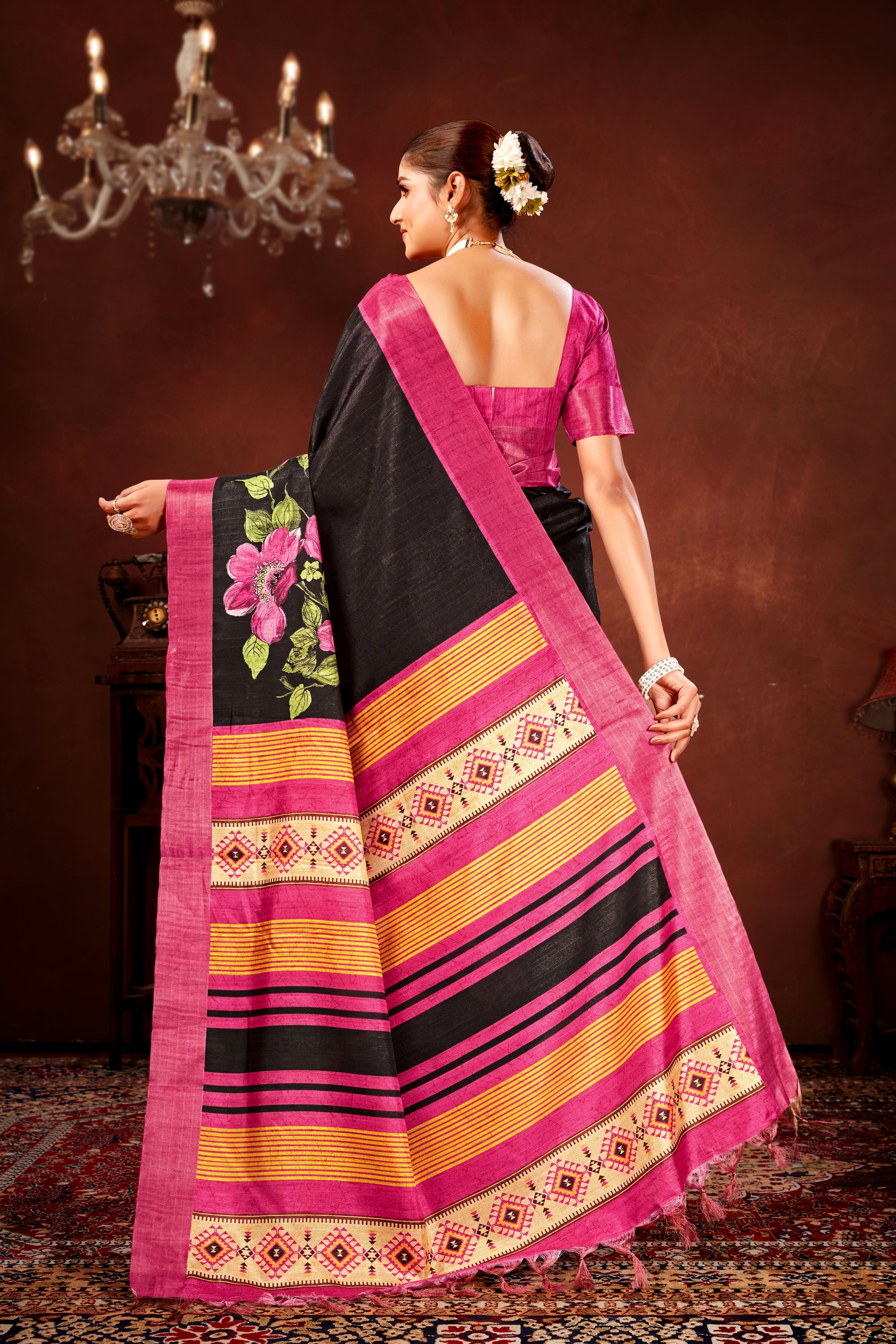 Pink Soft Tussar Silk Saree with Floral Digital Prints