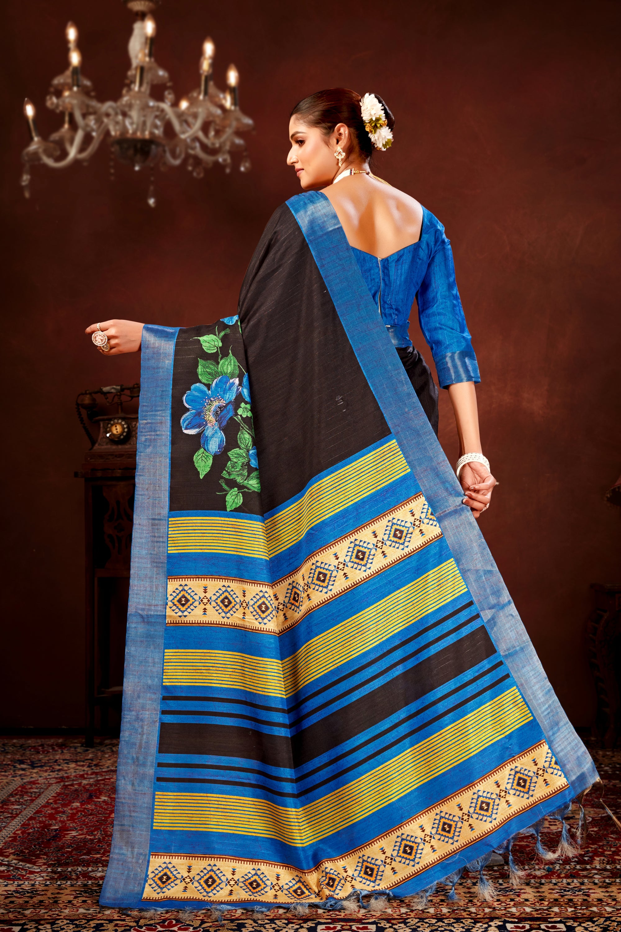 Blue Soft Tussar Silk Saree with Floral Digital Prints