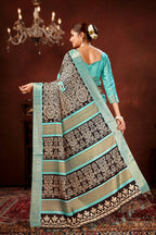 Sky Blue Soft Tussar Silk Saree with Zari Border & Traditional Digital Prints
