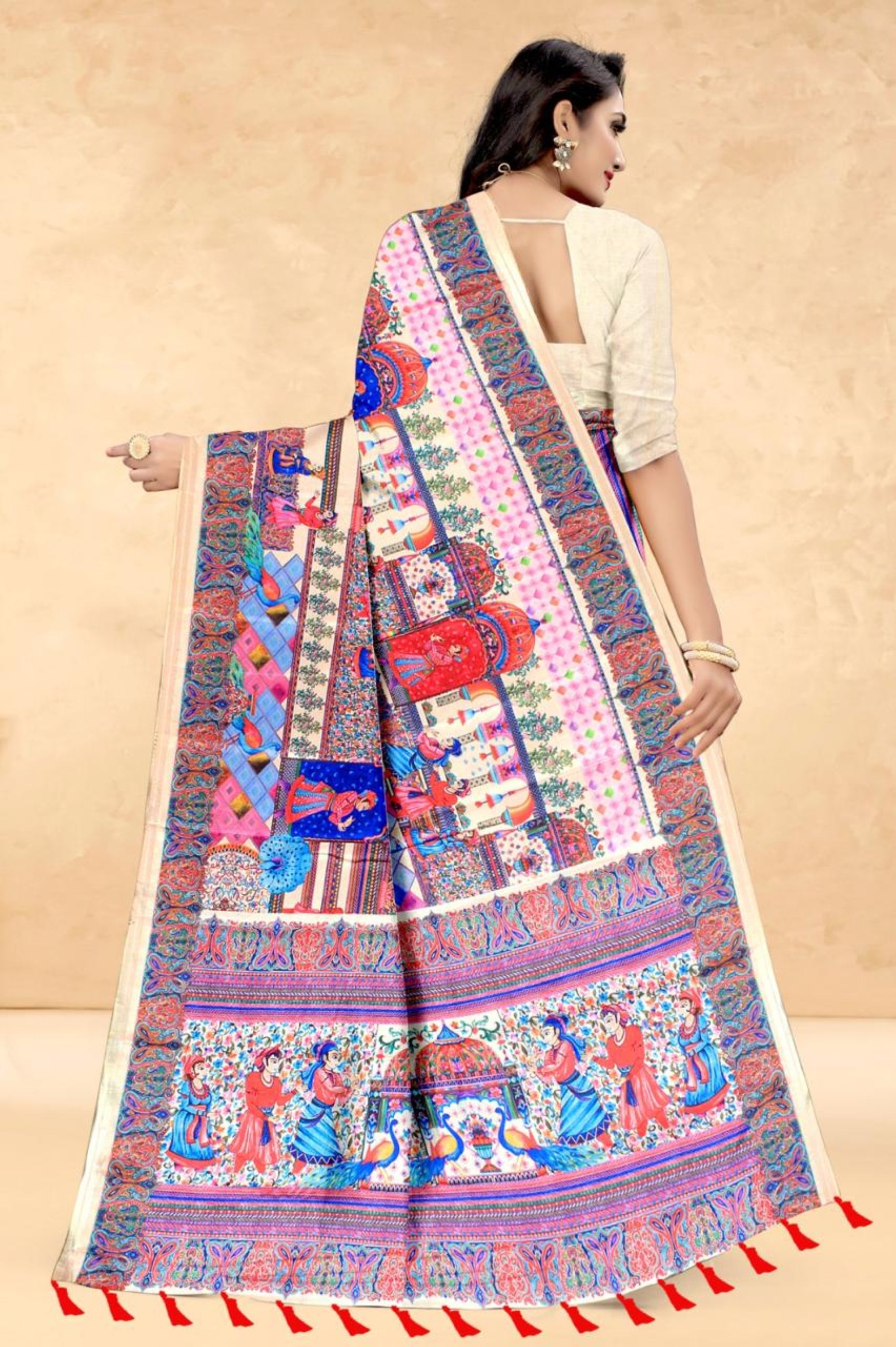 Cream Soft Tussar Silk Saree with Postion Pashmina Digital Prints