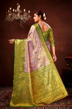 Onion Pure Dharamavaram Silk Saree with Meenakari Zari Weave & Contrast Rich Pallu