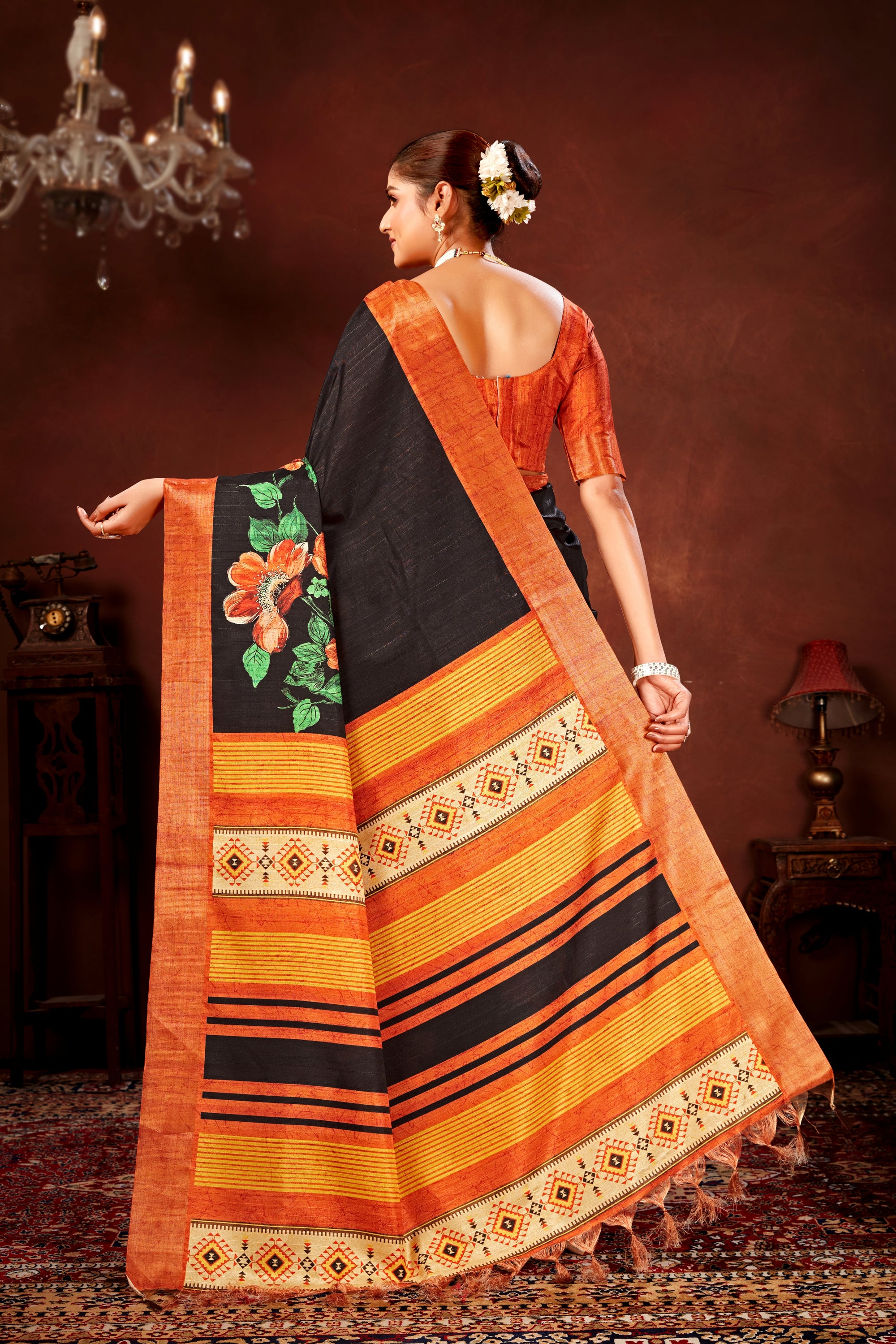 Orange Soft Tussar Silk Saree with Floral Digital Prints