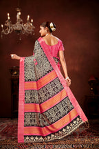 Pink Soft Tussar Silk Saree with Zari Border & Traditional Digital Prints