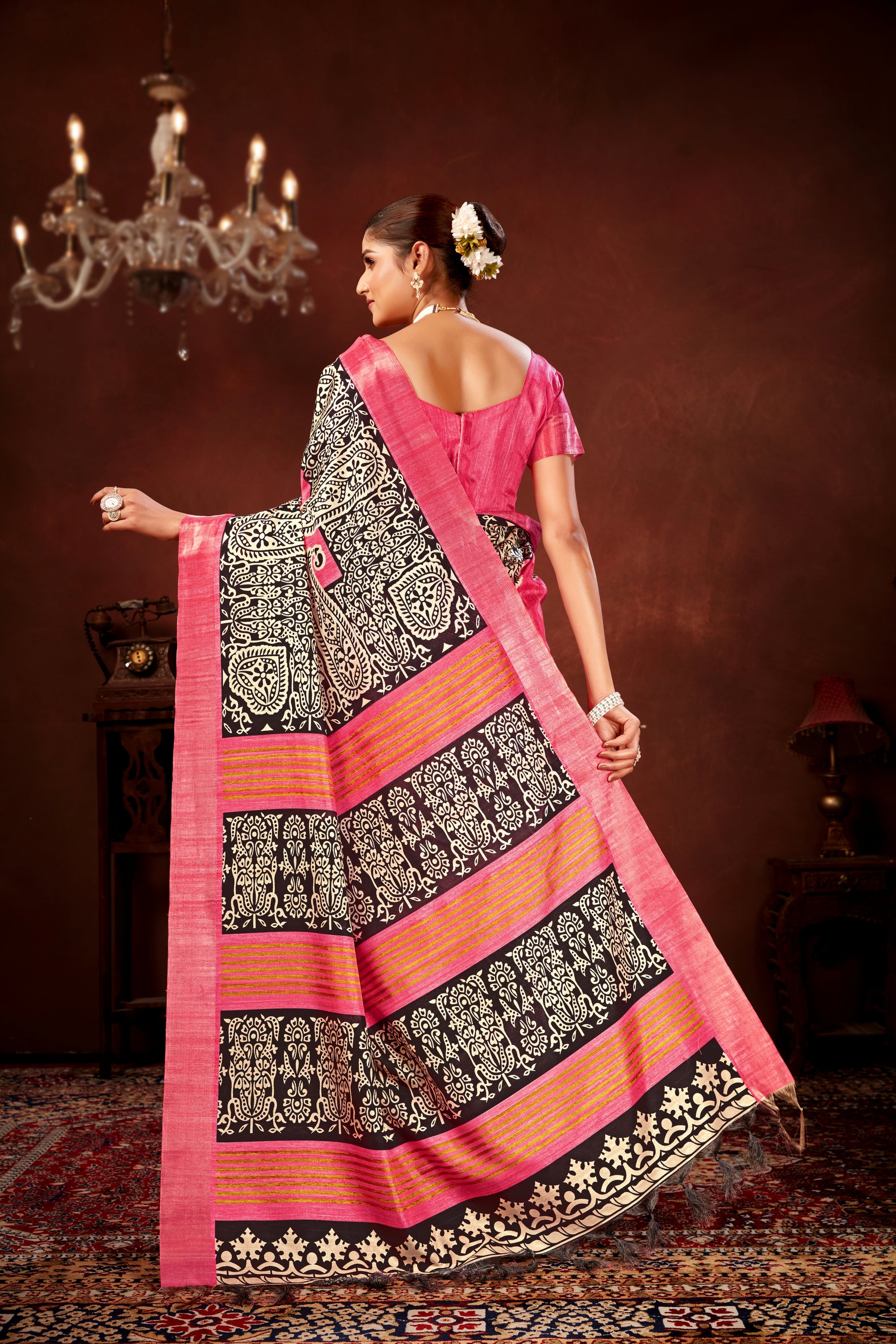 Pink Soft Tussar Silk Saree with Zari Border & Traditional Digital Prints