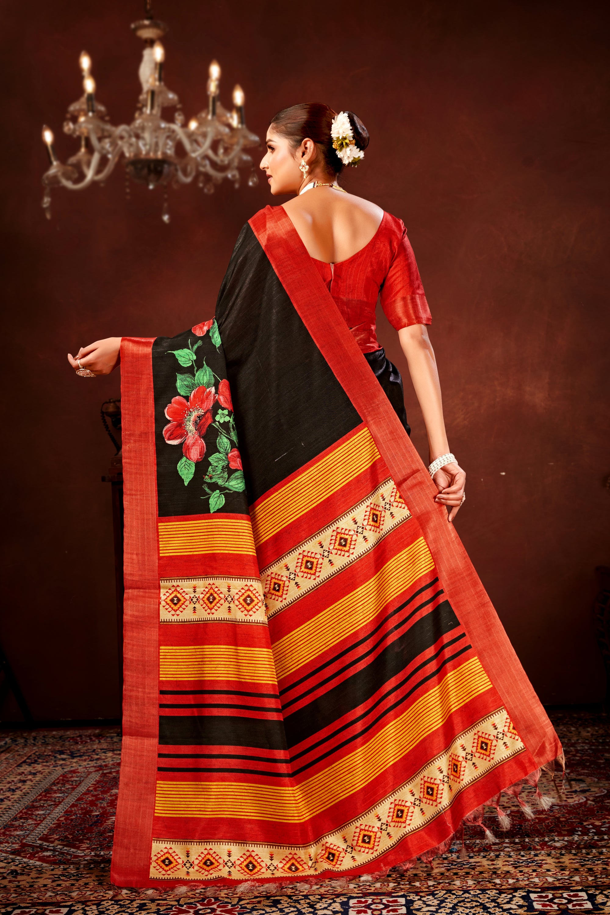 Red Soft Tussar Silk Saree with Floral Digital Prints