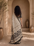 Kalava Art Silk Saree – Cream Black Pen Kalamkari Digital Print