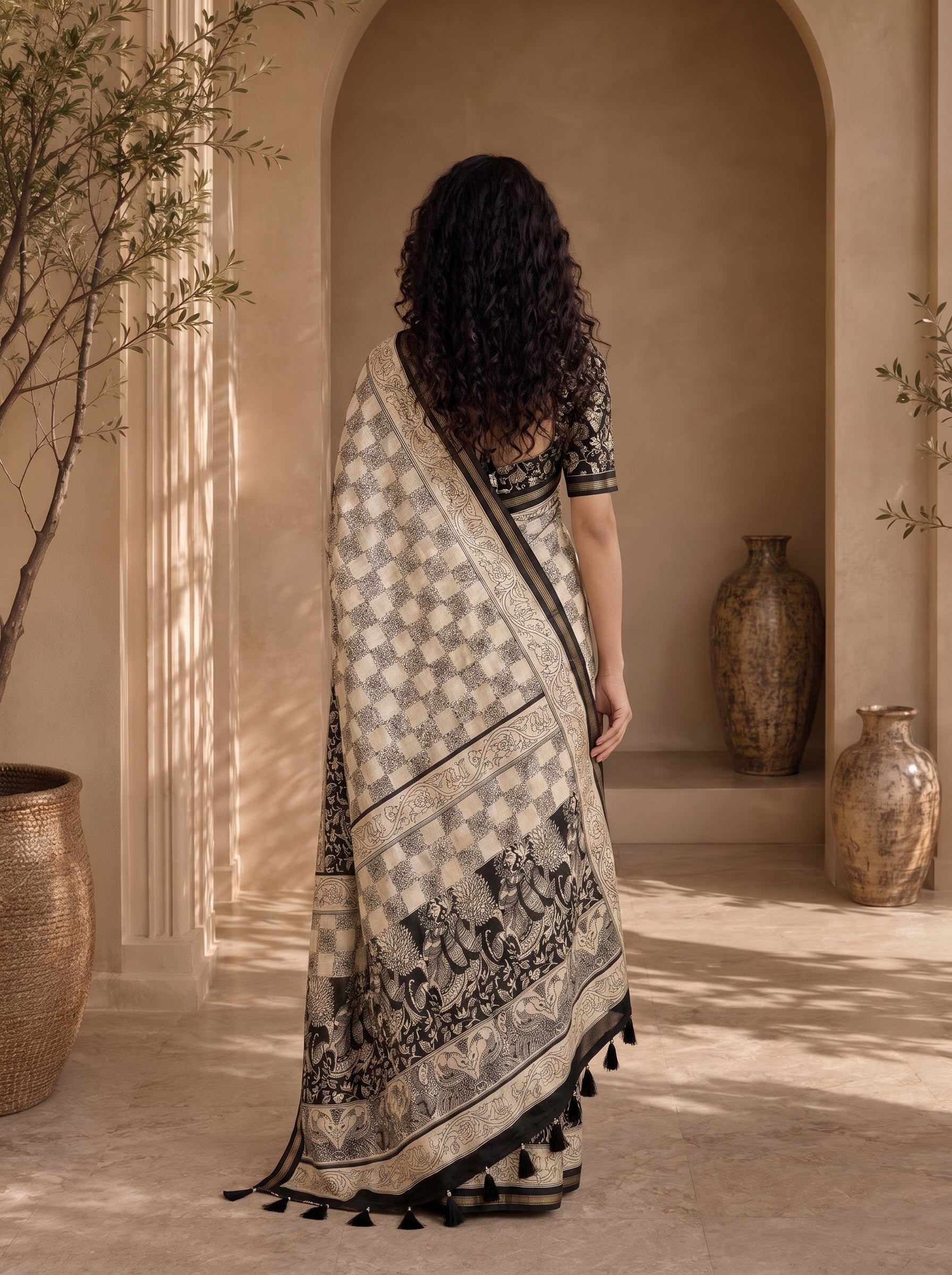 Kalava Art Silk Saree – Cream Black Pen Kalamkari Digital Print