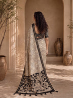 Kalava Art Silk Saree – Cream Black Peacock Pen Kalamkari Digital Print