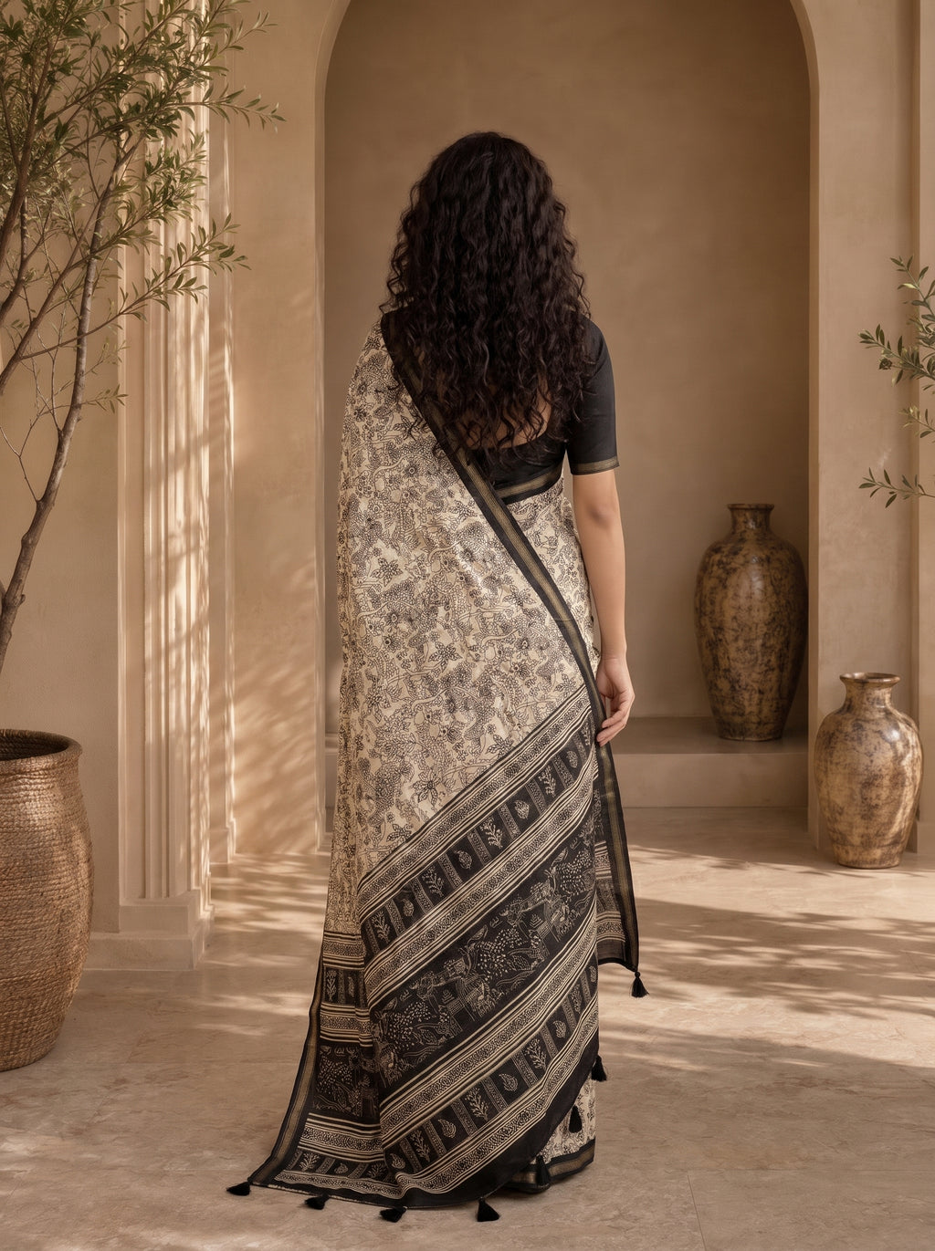Kalava Art Silk Saree – Cream Black Heritage Forest Pen Kalamkari Digital Print