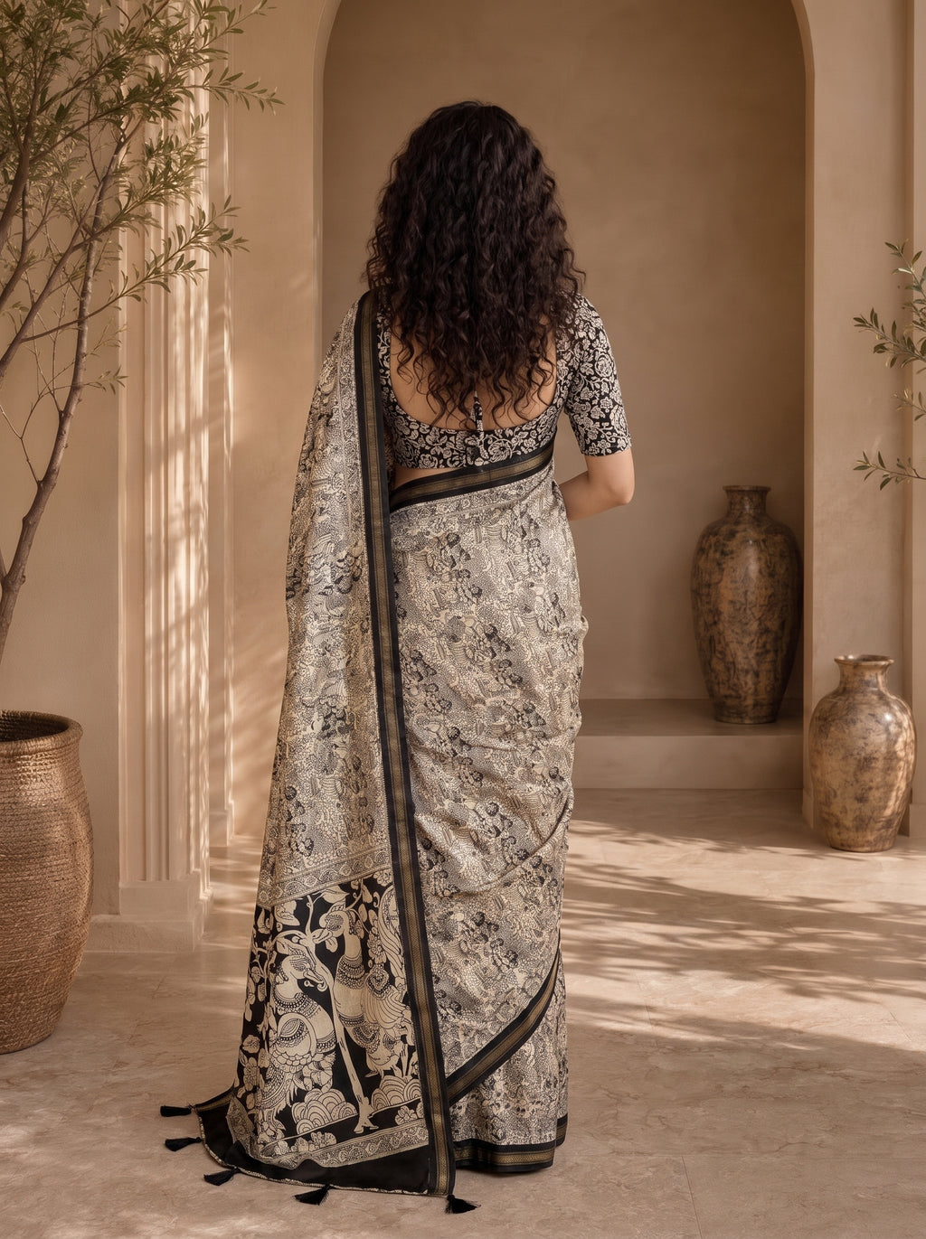 Kalava Art Silk Saree – Cream Black Heritage Peacock Pen Kalamkari Digital Print