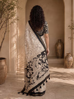 Kalava Art Silk Saree – Cream Black Floral Peacock Pen Kalamkari Digital Print