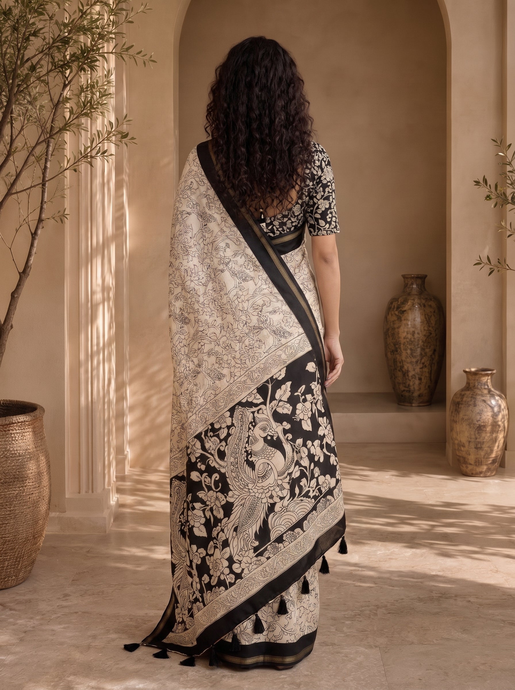 Kalava Art Silk Saree – Cream Black Floral Peacock Pen Kalamkari Digital Print