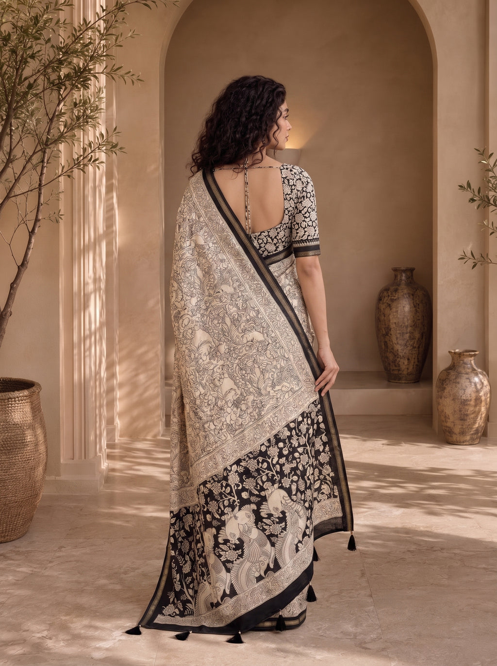 Kalava Art Silk Saree – Cream Black Bird Pen Kalamkari Digital Print