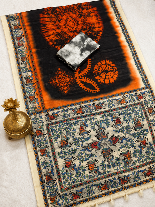 Matsya Soft Chanderi Cotton Saree – Black Orange Shibori Madhubani Digital Print