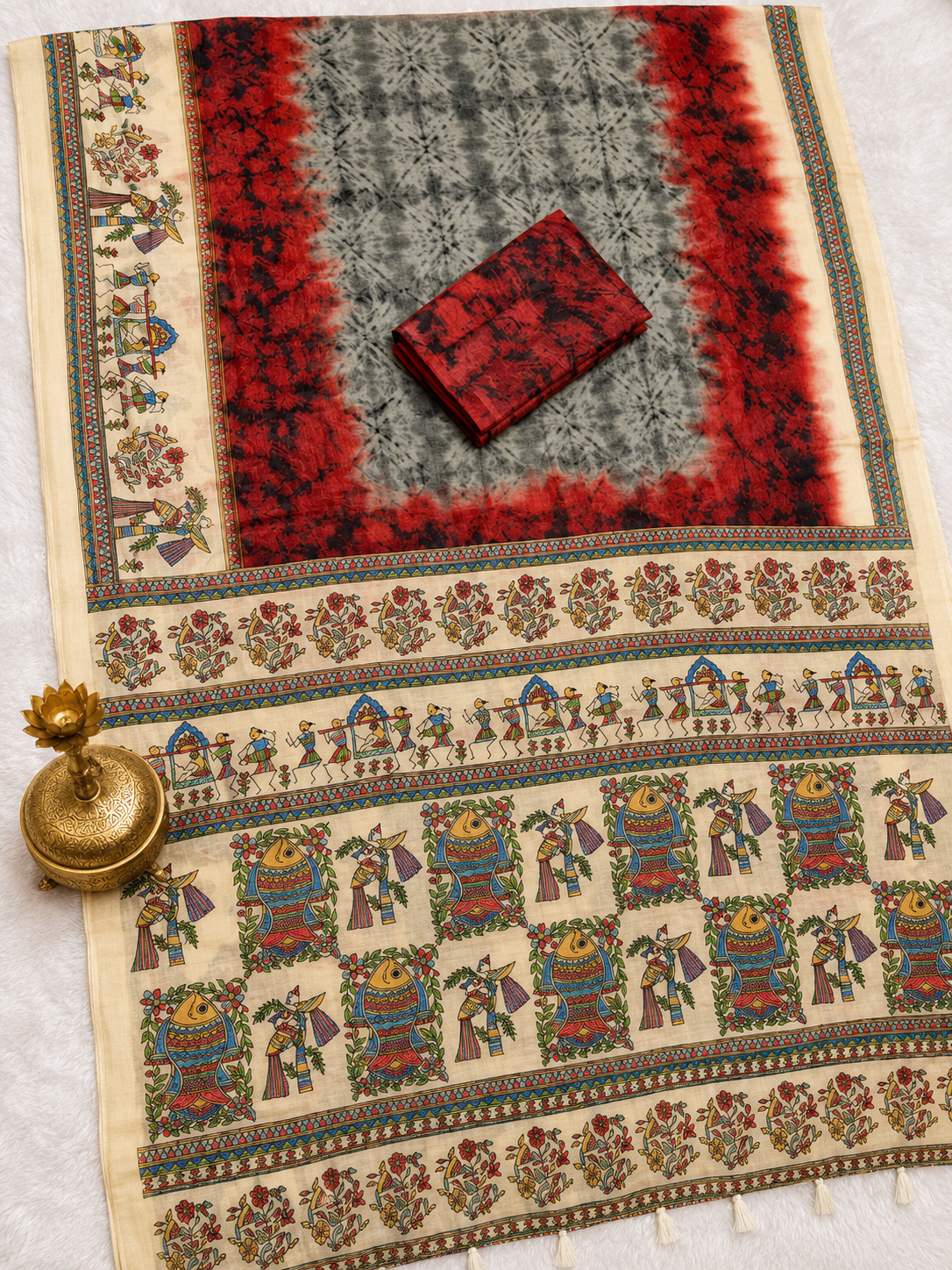 Matsya Soft Chanderi Cotton Saree – Grey Red Shibori Madhubani Digital Print