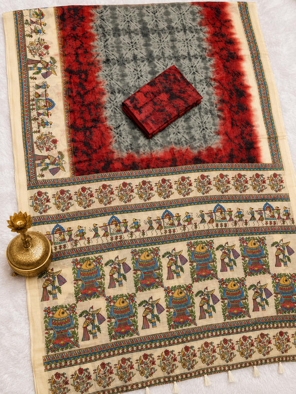 Matsya Soft Chanderi Cotton Saree – Grey Red Shibori Madhubani Digital Print