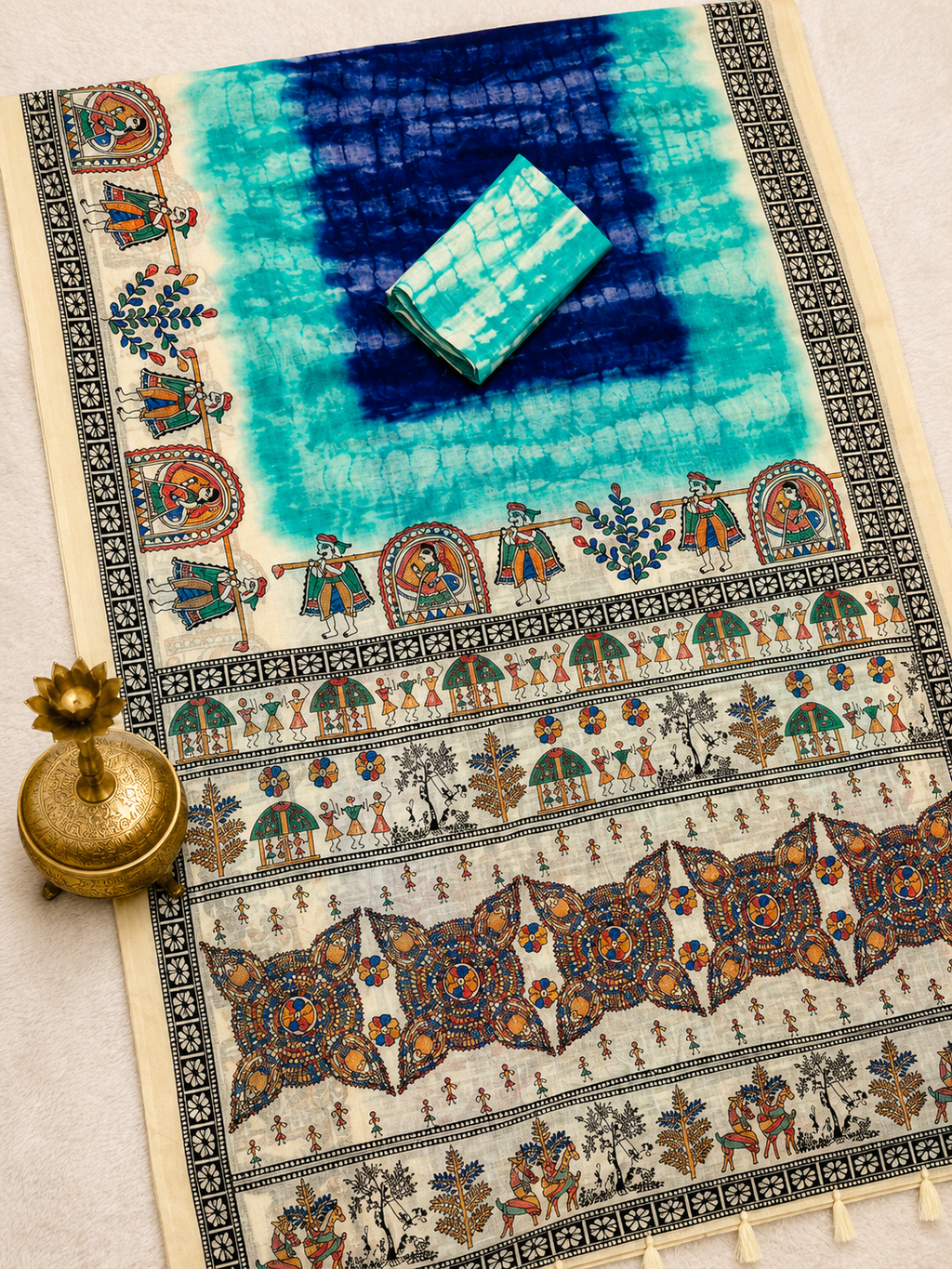 Matsya Soft Chanderi Cotton Saree – Aqua Blue Shibori Madhubani Digital Print