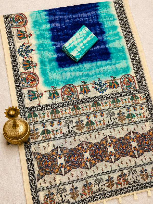 Matsya Soft Chanderi Cotton Saree – Aqua Blue Shibori Madhubani Digital Print