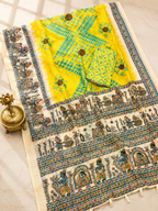 Matsya Soft Chanderi Cotton Saree – Yellow Shibori Madhubani Digital Print