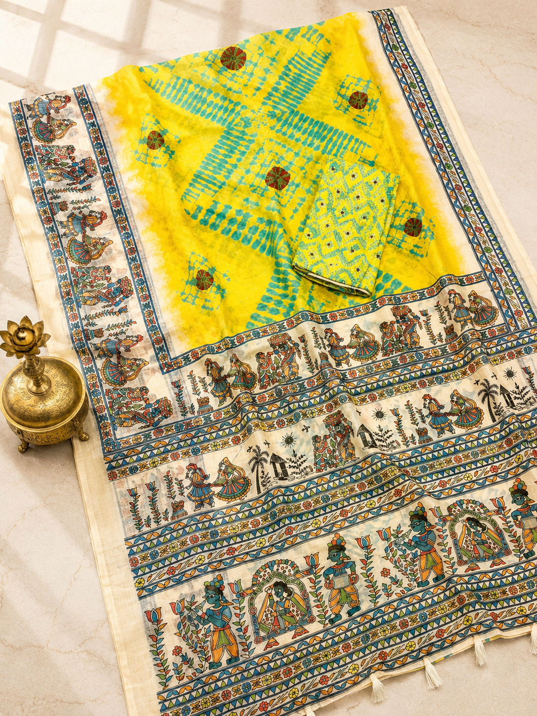 Matsya Soft Chanderi Cotton Saree – Yellow Shibori Madhubani Digital Print